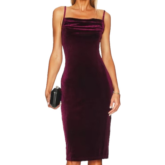 1 State Burgundy Port Velvet Bias Cut Cowl Neck Midi Slip Dress Y2K Glam Medium - Picture 1 of 13